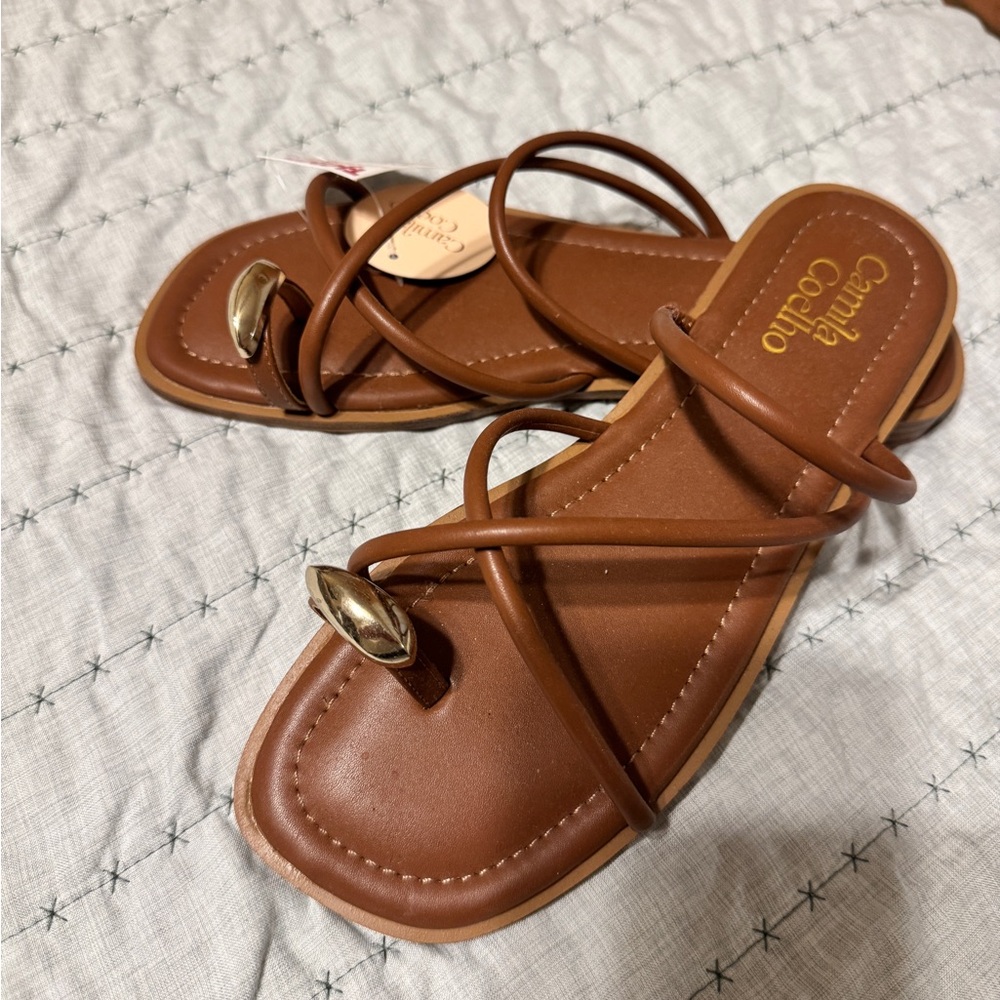 Camila Coelho Tan Strappy Sandals with Gold Accents